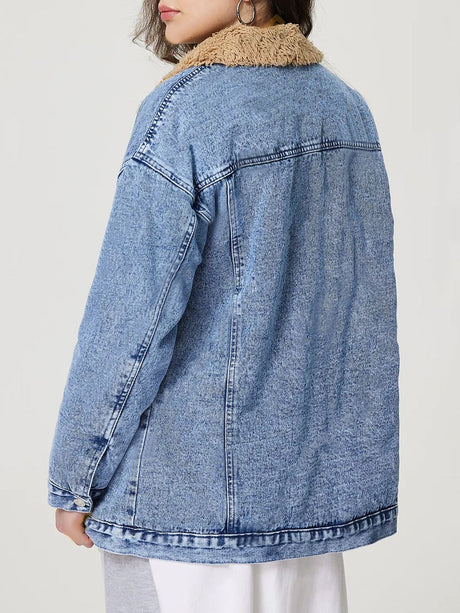 Button Up Collared Neck Plush Denim Jacket | Hanalas