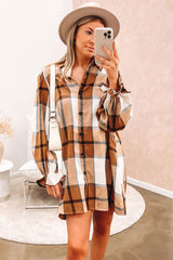 Khaki Western Plaid Button Up Loose Shirt Dress