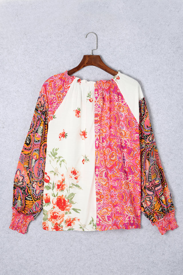 Frill Floral Shirred Cuff Long Sleeve Blouse | Hanalas