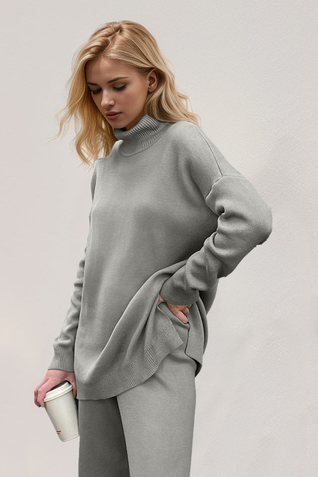 Basic Bae Side Slit Turtleneck Dropped Shoulder Sweater Trendsi Hanalas