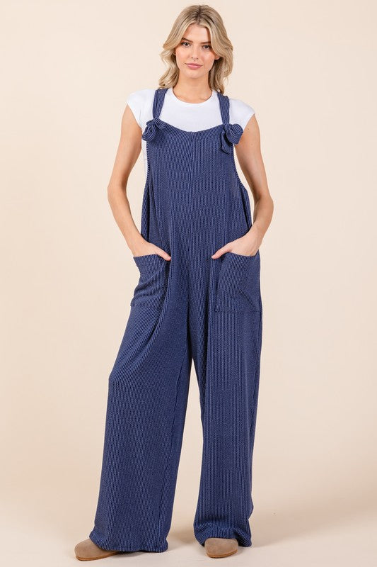 BOMBOM Knot Straps Wide Leg Ribbed Overalls with Pockets | Hanalas