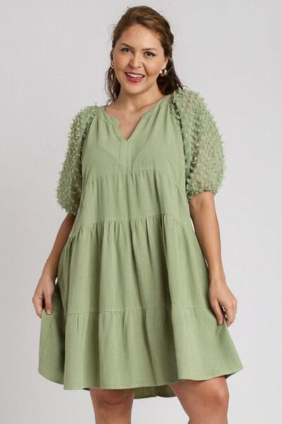 Umgee Full Size Linen Tiered A-Line Split Neck Dress Plus Size | Hanalas