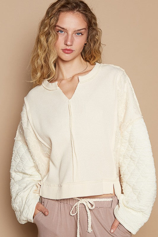 POL Waffle-Knit Notched Long Sleeve Knit Top | Hanalas