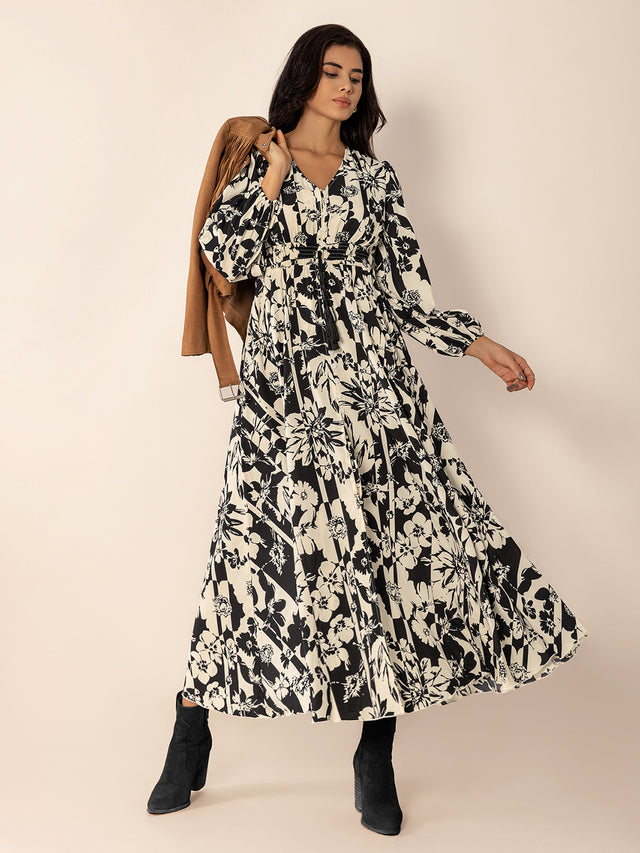 Tied Printed V-Neck Long Sleeve Midi Dress Trendsi Hanalas