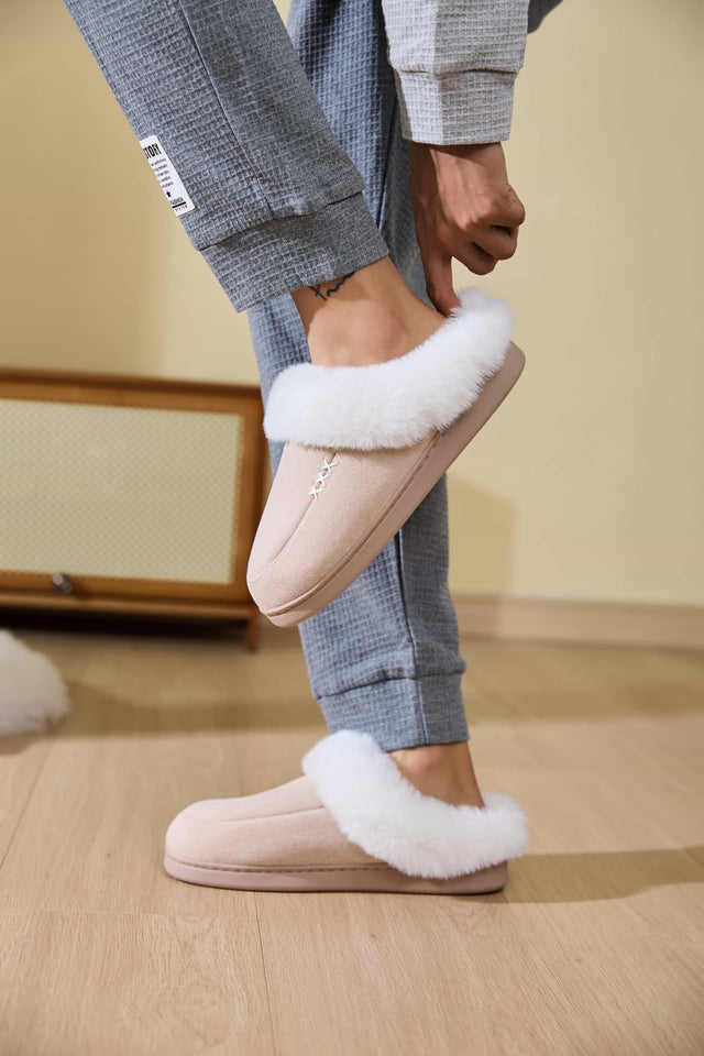 Fluff Trim Round Toe Flat Slippers | Hanalas