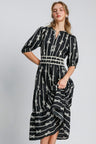 Umgee Bow Tie Print Notched Contrast Velvet Trim Midi Dress | Hanalas