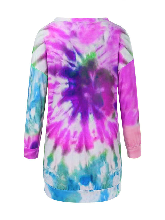 Full Size Tie-Dye Round Neck Long Sleeve Dress | Hanalas