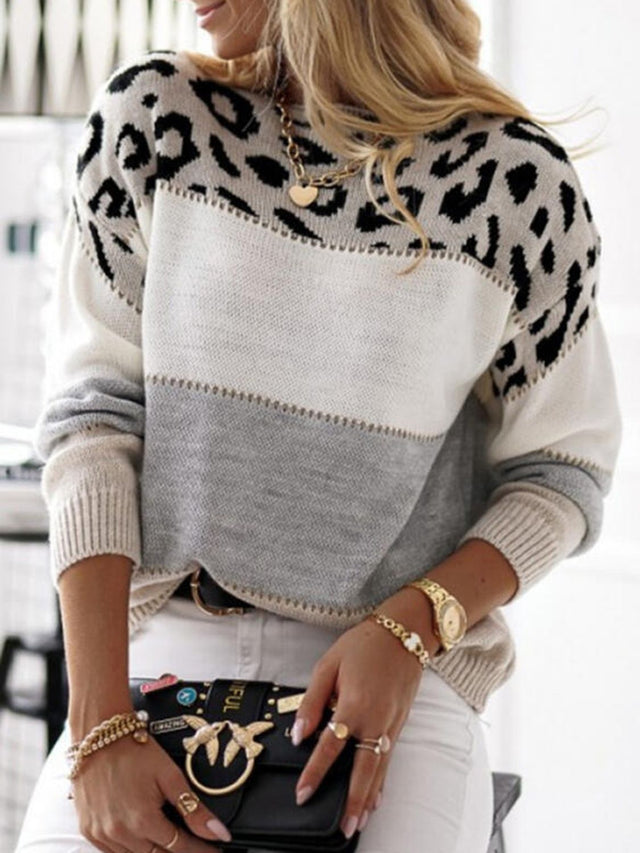 Leopard Color Block Round Neck Long Sleeve Sweater | Hanalas