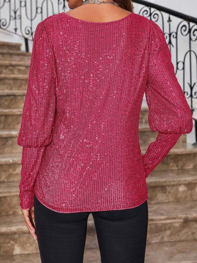 Sequin Boat Neck Long Sleeve Top | Hanalas