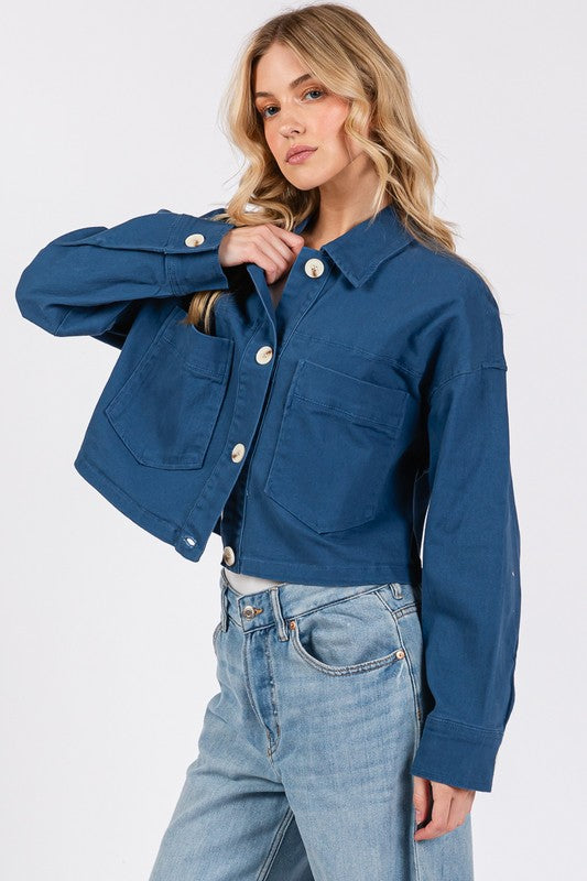 bytos Button Down Cropped Denim Jacket with Patch Pockets | Hanalas