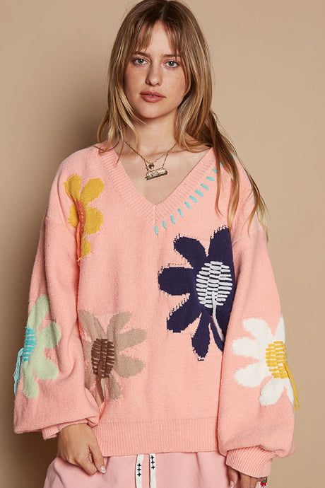 POL V-Neck Long Sleeve Flower Fringe Sweater | Hanalas