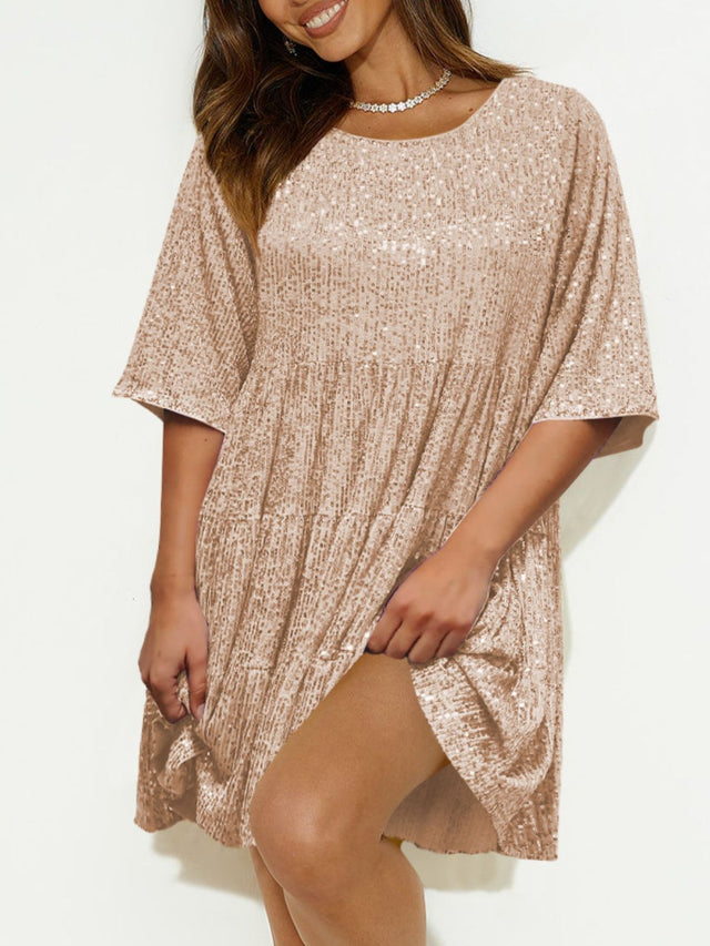 Sequin Round Neck Half Sleeve Mini Dress | Hanalas