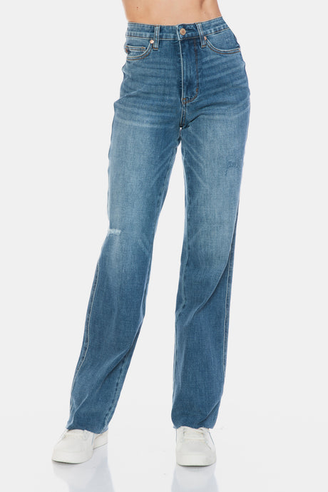 Judy Blue Full Size Tummy Control Cut Raw Hem Straight Jeans Trendsi Hanalas