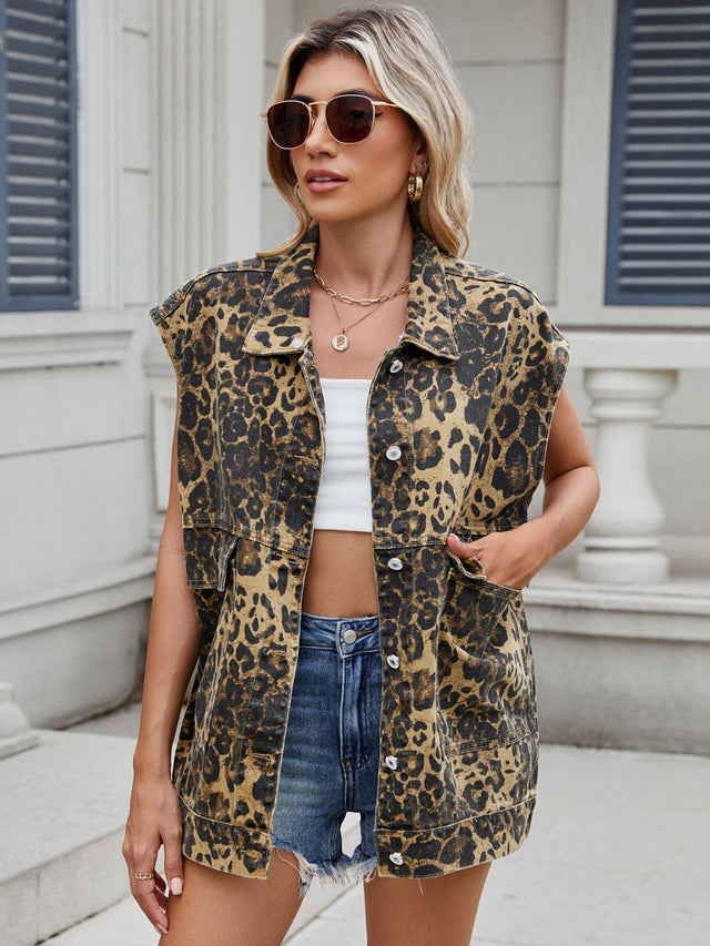 Leopard Buttton Up Denim Vest | Hanalas