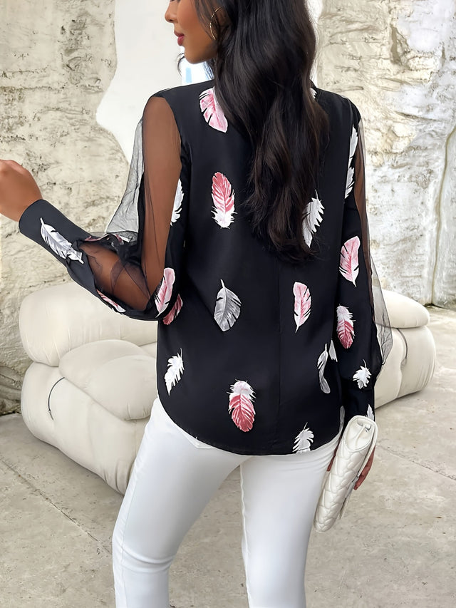 Feather Print Mock Neck Long Sleeve Blouse | Hanalas