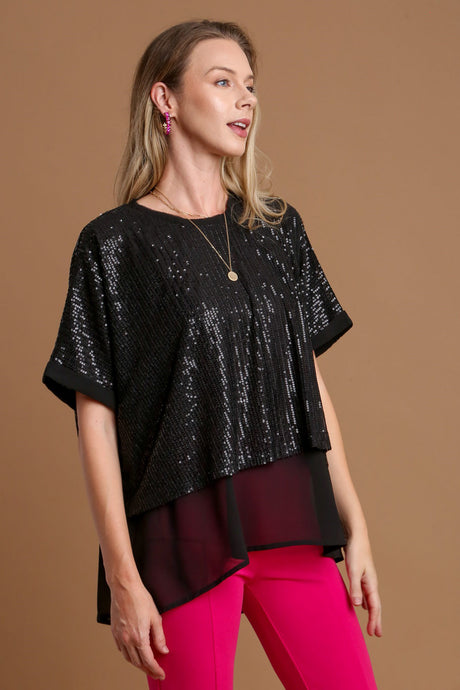 Umgee Sequin Half Sleeve Layered Blouse | Hanalas