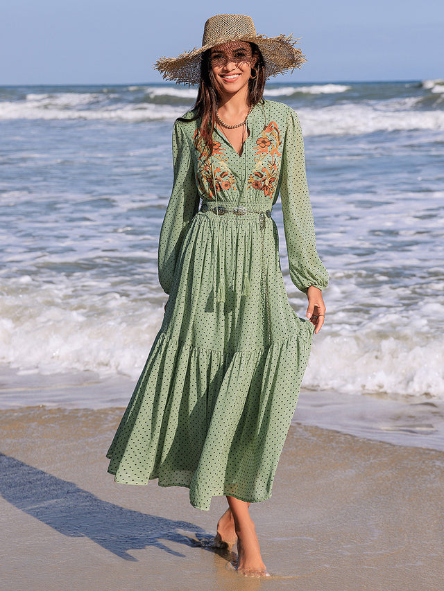 Embroidered Polka Dot Tie Neck Long Sleeve Midi Dress Trendsi Hanalas