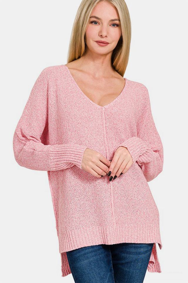 Zenana High-Low Center Seam V-Neck Sweater | Hanalas