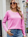 Striped Contrast Round Neck Long Sleeve Sweater | Hanalas