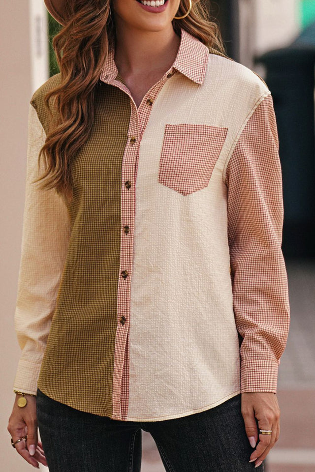 Contrast Plaid Button Down Long Sleeve Shirt | Hanalas