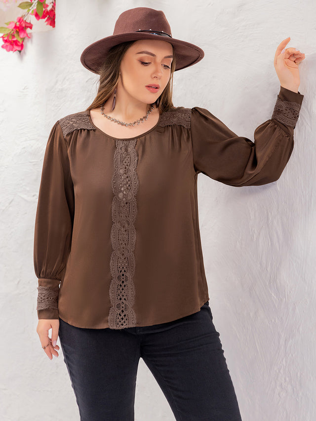 Plus Size Lace Detail Round Neck Long Sleeve Blouse Trendsi Hanalas