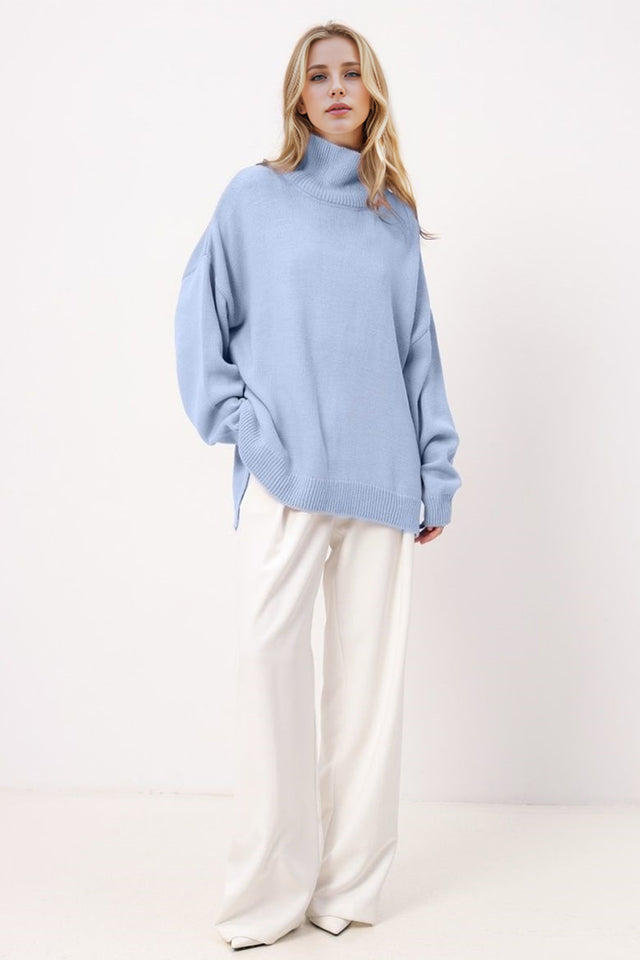 Basic Bae Side Slit Turtleneck Long Sleeve Sweater Trendsi Hanalas