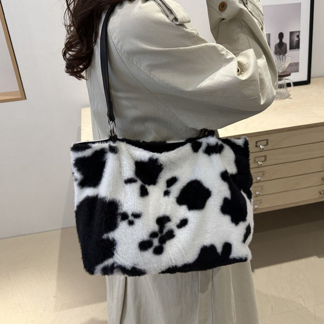 Cow Print Furry Tote Bag Trendsi Hanalas