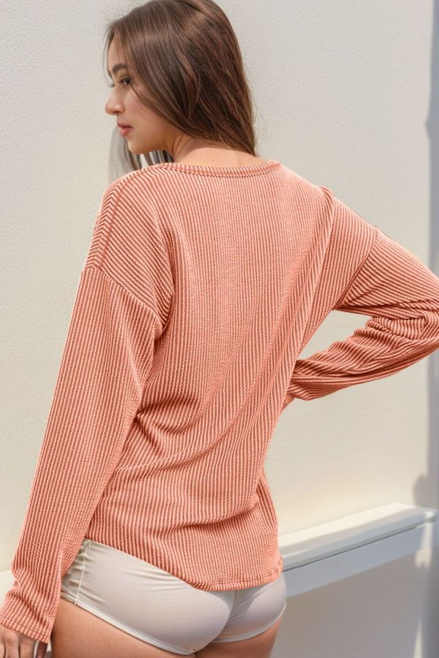 Double Take Striped Notched Long Sleeve T-Shirt | Hanalas