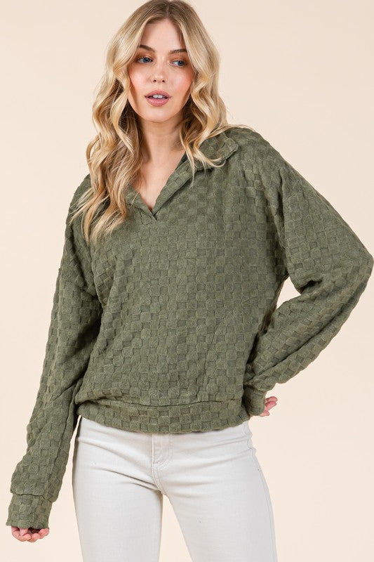 BOMBOM Fuzzy Checkered Collared Neck Sweatshirt with Side Pockets | Hanalas