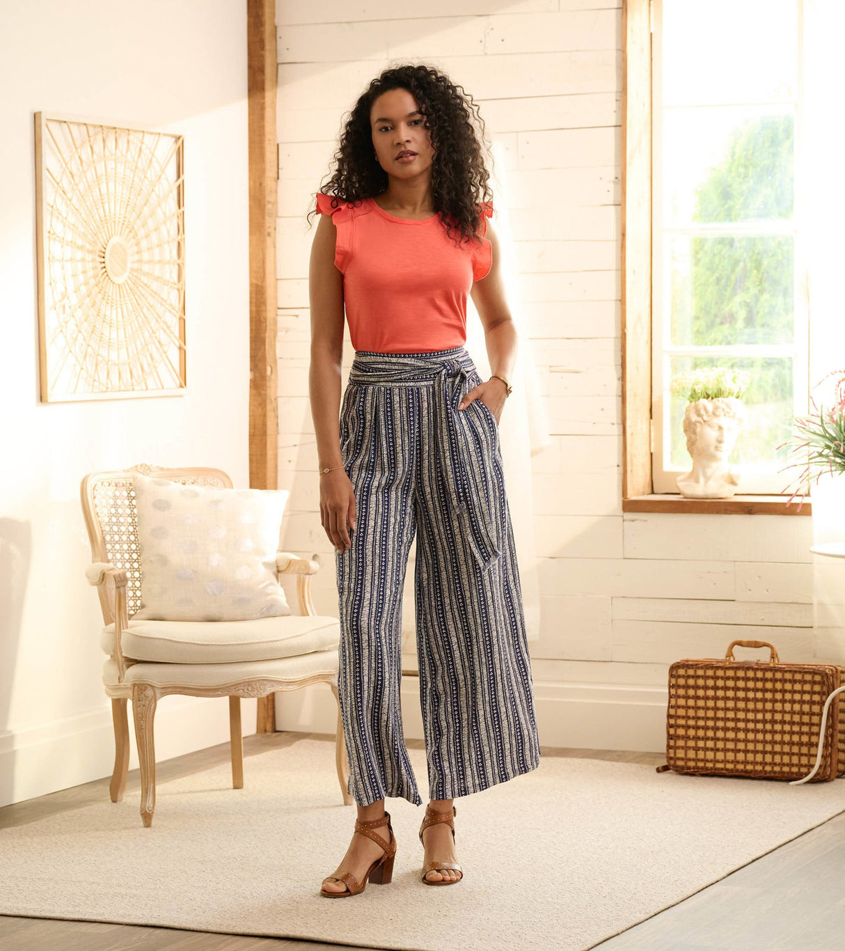 Belted Wide Leg Pants - Vertical Brush Stripe