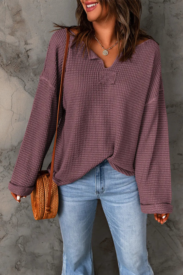 purple Waffle Knit Loose Long Sleeve Top Hanalas Hanalas