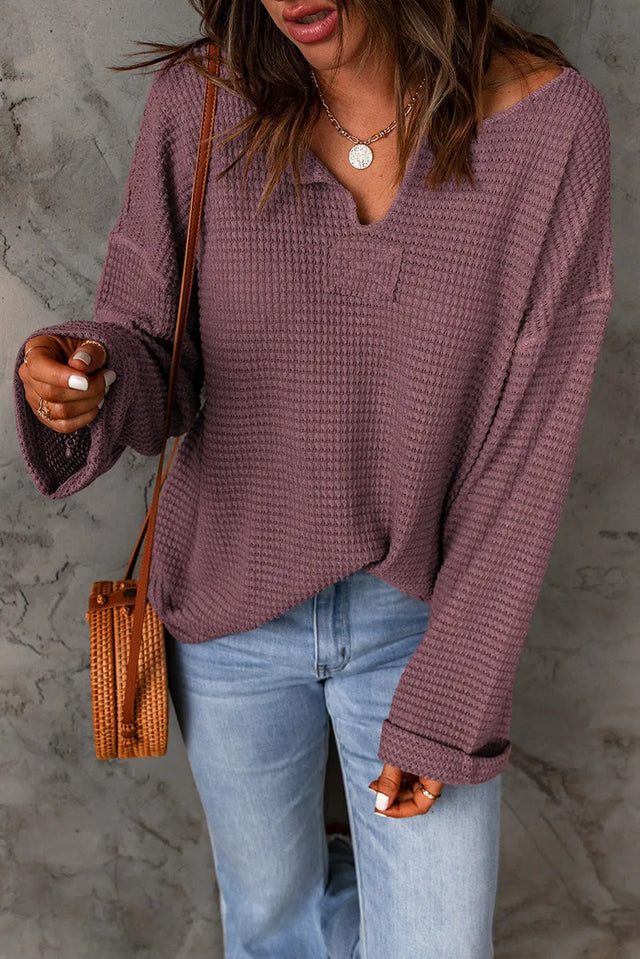 purple Waffle Knit Loose Long Sleeve Top Hanalas Hanalas