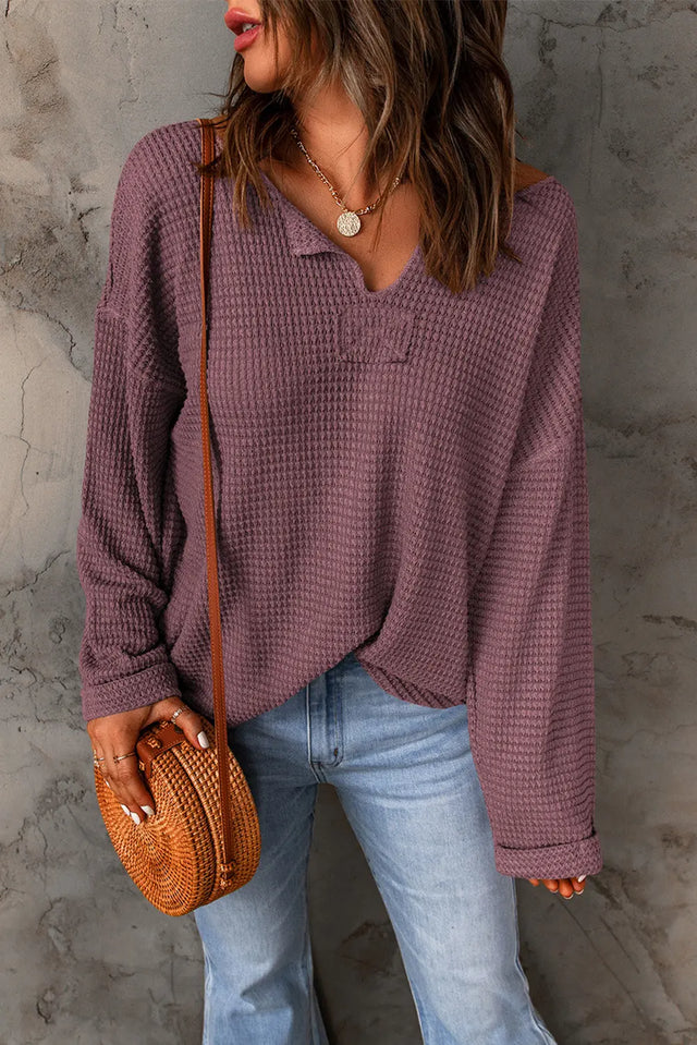 purple Waffle Knit Loose Long Sleeve Top Hanalas Hanalas